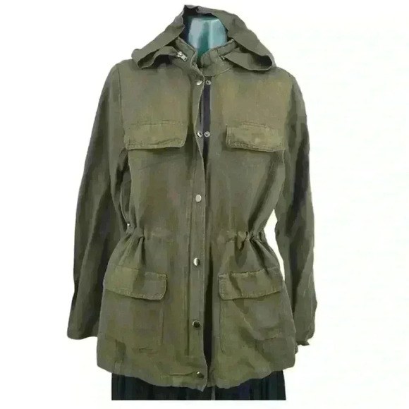 DEARJOHN Military Green Linen Blend Utility Jacket Zip Snap Drawstring Hooded L - Picture 1 of 12